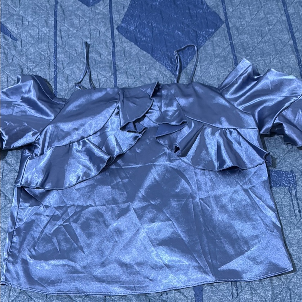 Love J Shiny Blue Ruffle Blouse